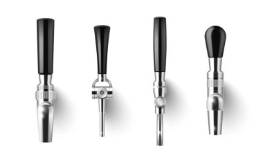 Bira musluğu seti. Bira fabrikası, bar ve bar için siyah ve gümüş renkli metal musluklar. Top topuzlu çelik kollar, klasik musluk şekilleri. Bira dağıtıcısı muslukları, beyaz arkaplanda izole edilmiş fıçı yazı tipleri