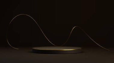 Girdap gibi altın çizgileri olan siyah podyum. Premium ürün sunumu için zarif eğimli dekorlu minimalist ürünler sergisi. Lüks estetik içinde basit boş geometrik şablon.