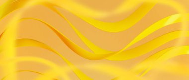 Sarı kurdele soyut arkaplan - pürüzsüz kıvrımlı çizgiler, dinamik dalgalar. Akan ipek kumaşın parlak, güneşli rengi. Poster, pankart veya tebrik kartı için minimalist grafik tasarımı