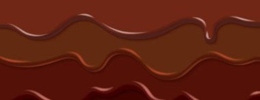 Yumuşak damlaları, girdapları ve kıvrımları olan erimiş çikolata dokusu. Kahverengi sıvı tatlı arkaplanı, tatlı yemek malzemesi. Gerçekçi 3d illüstrasyon, şekerleme paketleme tasarım elementi.