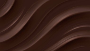 Koyu çikolata dalgaları soyut arka plan, yumuşak kıvrımlı kremli kahverengi ipek doku, çizgiler. Lüks kakao girdap deseni, ambalaj için tatlı yemek arkaplanı tasarımı. Akıcı sıvı çikolata.
