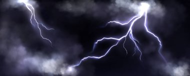 Gerçekçi vektör yıldırımları uğursuz fırtına bulutlarından, gece gökyüzündeki elektrik boşaltımlı çatallardan düşer. Dramatik arkaplan tasarımı için atmosferik elektrik illüstrasyonlu fırtına havası