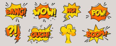 Çizgi roman tarzı ünlemler - bang, wow, no, pow, ouch ve boom. Açık sarı renkli, yarım tonlu, noktalı gölgeli ve siyah çizgili konuşma baloncukları. Retro çizgi film pop sanat tasarım elementleri, çıkartmalar