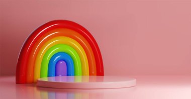 Pembe arka planda gökkuşağı ve yuvarlak platform. Ürün sunumu, renk kemeri dekorasyonu, çocuk mağazası veya anaokulu afişi, lgbtq sembolü için 3d silindir sahnesinin vektör gerçekçi illüstrasyonu
