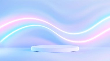 Hologram 3D sahne, mavi pastel arka planda neon kıvrımlı ışık dalgaları. Ürün gösterimi için boş dairesel platform. Parlayan dalgalı çizgilerle aydınlatılmış minimalist fütürist podyum.