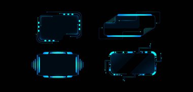 Siberpunk hud çerçeveleri ve fütürist neon mavisi parlayan paneller. Geometrik şekiller yüksek teknoloji ekranları oluşturur, çizgileri ve kareleri gösterir. Bilim kurgu oyun arayüzleri ve gösterge panelleri için dikdörtgen ögeler.