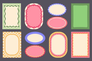 Mükemmel dalgalı sınır çerçeveleri - nokta girdap desenli pastel renkler, kareli elementler, 60 'ların retro tasarım projeleri için oval deniz tarağı kenarları. Ürkütücü ekose renkli vektör arkaplanı.