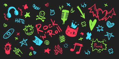 Neon punk rock karalama simgeleri canlı renklerde. Çeşitli el yazmaları müzik sembolleri ve graffiti elementleri çıkartmalar, giysiler veya dövmeler için enerjik yeraltı tarzında çizildi. Boya kalemi ya da tebeşir desenli şekiller.