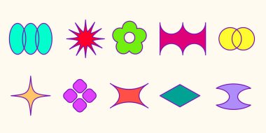 Y-2-K tarzında geriye dönük renkli şekil - üst üste binen oval ovalar, çiçek ve yıldız, kavisli elmas çerçeve elementleri. Parlak renklere sahip basit düz geometrik şekiller funky ilhamlı grafik tasarımı için doldur.