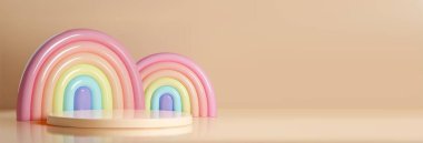 Platform ekranlı 3d pastel gökkuşağı kemerleri bej arka planda duruyor. Çok renkli çocuklar minimalist tarzda dekoratif unsurlar. Çocuk ürünleri sunumu için modern gösteri konsepti.