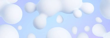 Beyaz sıvı şekilli, mavi gradyan arkaplanlı 3 boyutlu damlacık pankartı. Pürüzsüz yüzen küresel nesneler. Yumuşak kıvrımlı şekiller ve rüya etkisi. Web başlıkları veya tanıtımları için temiz minimal tasarım.