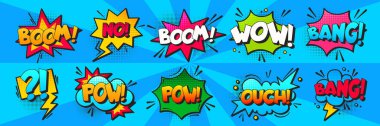 Komik ses efektleri konuşma baloncukları - pow, wow, boom, bang, no ve ouch. Yarım ton tasarımlı renkli çizgi film balonları. İfade koleksiyonu olan komik çıkartmalar.