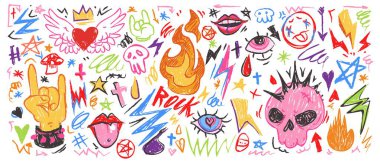 Renkli punk rock karalama seti - komik kafatasları, alevler, yıldırımlar ve yıldızlar, kalpler, dudaklar ve gözler. Canlı el yazması çizimler, asi müzik posteri, tekstil, gençlik alt kültürü tasarımı..
