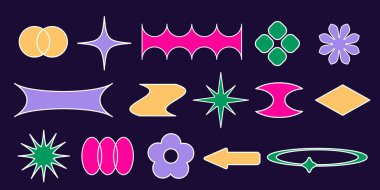 Renkli y2k tarzı şekiller ve çerçeveler. Yıldızlar, çiçek, ovalar, sivri yay, kavisli elmas elementler. Minimum düz tasarımı olan parlak geçmişe dönük geometrik şekiller, grafik projeleri için acayip dolgular.