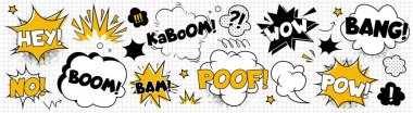 Çizgi roman ses efektleri seti - çizgi film tarzı bum, bum, wow ve bang illüstrasyonları duygusal olarak canlı konuşma baloncukları yapmak için. Not defteri arka planında siyah ve sarı pop sanatının görsel öğeleri.