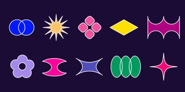 Y2k tarzında basit renkli şekil koleksiyonu. Temel geometrik şekiller - daire ve dikdörtgen, oval ve çiçek, dalga ve yıldız. Gelecekçi retro grafik tasarımı için canlı renkler düz vektör elementleri.