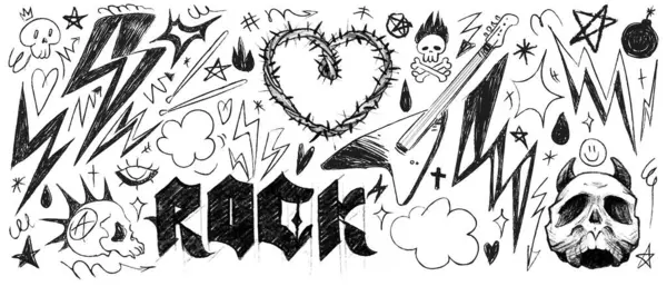 Rock müzik klasik skeç seti. Kafatası, kalp, yıldırım, dikenler, alevler, yıldızlar ve diğer eski moda rock and roll sembollerinin çeşitli karalama tarzı çizimleri. Siyah ve beyaz freehand vektörü.