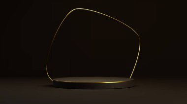 Altın çizgili minimalist podyum, koyu arkaplanda zarif kıvrımlı çerçeve. Parlak metalik süslemeli siyah platform tabanı. Lüks ürün yerleştirme veya kozmetik sunumu için en iyi vitrin..