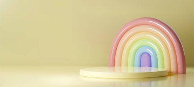 Platform ekranlı 3d pastel gökkuşağı kemerleri sarı arka planda duruyor. Çok renkli çocuklar minimalist tarzda dekoratif unsurlar. Çocuk ürünleri sunumu için modern gösteri konsepti.