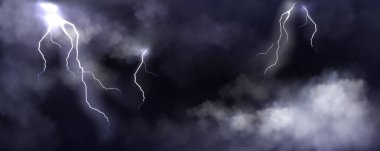 Yıldırımlı, fırtınalı bir arka plan. Kara uğursuz bulutlar, beyaz elektrik şimşekleri çakıyor. Gece gök gürültülü fırtına, gök gürültülü güçlü fırtına. Atmosferik doğal fenomen.