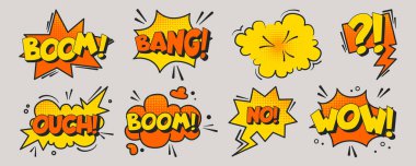 Arka planda izole edilmiş komik konuşma baloncukları. Sarı ve turuncu retro metin bulutlarının vektör çizimi, boom, bang, ouch, no, wow ünlem etiketleri tasarımı, sürpriz bang etkisi