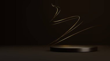 Siyah arka planda yuvarlak podyum ve altın çizgi. Lüks ürün sunumu veya ödül töreni için yuvarlak sahnenin gerçekçi temsili, duvardaki sarı spiral çizgiler, karanlık sergi salonu