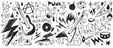 Beyaz arka planda Doodle punk rock deseni. Elle çizilen gitarın gerçekçi temsili, alevler içindeki kalp, kafatası, yıldırım, yanan kibrit işaretleri, grungy banner tasarımı için eğri çizgiler