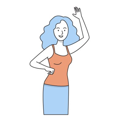 El sallayan kadın düz vektör illüstrasyonu. Gülümseyen kadın karakter. Hoş geldin işareti ve jesti ile. Minimum insan portresi çizimi. Neşeli bayan kolunu kaldırıyor, merhaba diyor..