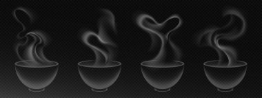 Sıcak yemek, kahve ya da siyah şeffaf arkaplanda çay bulunan yuvarlak konteynırlardan gelen beyaz buhar. Kafe menüsü tasarımı için bulanık buhar izleri yükseliyor.