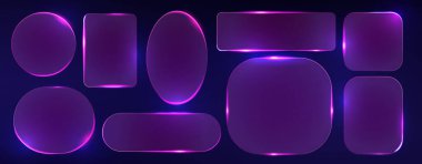Mor neon ışıklı çerçeve - dikdörtgen ve yuvarlak, kare ve oval şekiller parlak efektli. Fütürist ışıltılı sınır tasarım unsurları. Gece kulübü veya oyun hud ui geometrik işaretler.