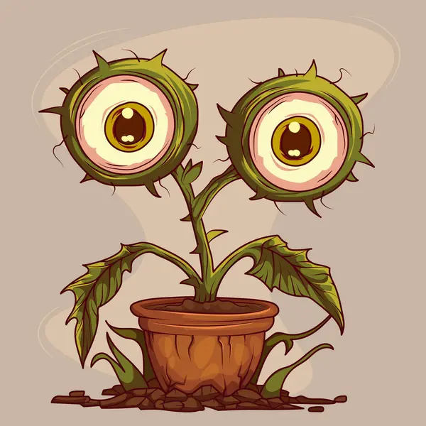 Büyük gözlü sevimli canavar çizimi. Esrardan büyüyen yeşil çizgi film yaratığı. Dikenli yapraklarla çerçevelenmiş merkezler gibi yuvarlak çiçekler. Çiçek saksısında toprakla şekillendirilmiş berbat ev bitkisi..