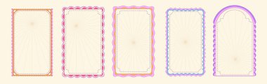 Dekorasyon için deniz tarağı şekilli çerçeve - renkli dalgalı dikdörtgen ve dikişli kenarlar, güneş patlaması çizgileri. Klasik şablon şablonları, şirin tatil daveti, metin için boş alan.