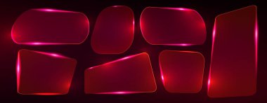 Neon ışıklı çerçeve seti - koyu arkaplanda parlayan kırmızı cam şekiller. Yuvarlak köşeli parlak geometrik dikdörtgenler. Fütürist parlak bayrak kenarlıkları, modern parlak ui veya oyun hud tasarım elementleri.