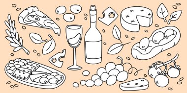El yapımı şarap ve pizza illüstrasyon seti. Şarap kadehi, domates ve peynir dilimleri, zeytin ve ekmek şişesi. İtalyan mutfak elementlerinin, Akdeniz yemeklerinin, içeceklerinin çizimlerini karala.