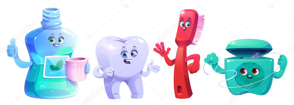 Cute cartoon characters of kids dental hygiene - smiling tooth, toothbrush, paste and mouthwash. Cheerful mascots encouraging children to brush teeth, use floss, rinse mouth. Oral health design.