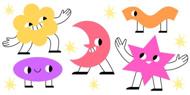 Geometrik karalama yüz çizimleri - hilal ayının sevimli çizgi film karakterleri, yıldız şekli, basit oval ve dalga çizgisi, çiçek ve hilal biçiminde anlamlı yüz hatları olan tasarımlar.