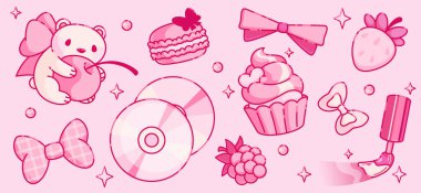 Coquette Y2K estetik etiket paketi - rüya gibi pembe çizgi film oyuncak ayısı, sevimli çilek ve ahududu, saç fiyonku, kek ve badem kurabiyesi, kızların pastel kawaii süslemeleri için parıltılı tırnak cilası.