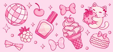 Coquette Y2K etiket seti pembe kız elementleri - disko topu küresi ve kiraz, tırnak cilası şişesi ve sevimli saç fiyonkları, dondurma külahı ve badem kurabiyesi, kawaii kedi ve kız cazibesi tasarımı için böğürtlen
