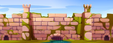 Yosun taşından tuğlalar ve güçlendirme kuleleri olan ortaçağ antik kale duvarları. Krallık sınır kapısı, fantezi dünyasındaki savunma yapısı. Oyun arkaplanı ve rpg konumu için tasarım ögesi.