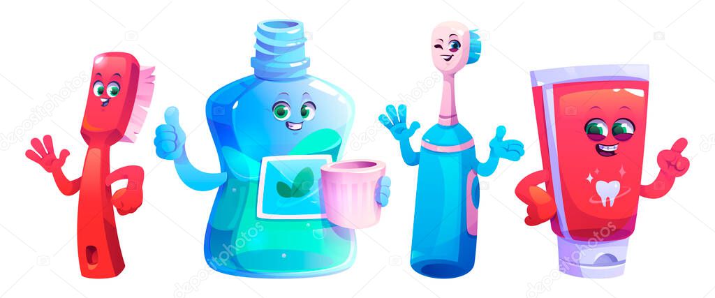 Dental hygiene kid characters set - smiling toothbrush, mouthwash bottle holding cup, electric sonic brush waving hand, red toothpaste for clean teeth. Cartoon mascots for healthy oral care habits.