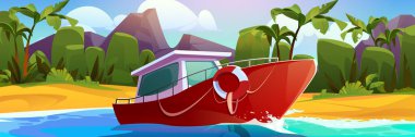 Tropikal sahil kıyılarında dolaşan kırmızı motorlu araç, kumlu kıyıya yakın demirlemiş modern motorlu tekne. Sürat teknesi yüzen okyanus dalgaları, yaz tatili için lüks yat, karikatür su taşımacılığı..