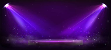 Ödül töreni, mor ışıklar ve parıltılarla. Konser ışıkları, havada parıldayan parçacıklar ve parti afişleriyle aydınlatılan siyah zemin üzerindeki boş yuvarlak podyumun gerçekçi temsili.