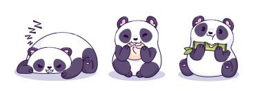 Beyaz arka planda izole edilmiş sevimli kawaii panda karakterleri. Tembel bebek ayının uyuyan, Asya yemeği yiyen bambu çubuğu çiğneyen komik Çin hayvanının, hayvanat bahçesi maskotunun vektör çizimi.