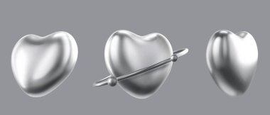 Krom kalp şekilleri. Parlak metalik aşk sembolleri, izole edilmiş çelik romantik ikonlar. Cilalanmış metal sevgililer günü tasarım elementleri. Düğün davetiyesi için lüks dekorasyon, tebrik kartı..