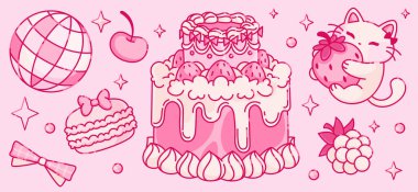 Coquette keki ve pembe arka planda sevimli hayvan maskotu. Vintage doodle tatlının vektör karikatür çizimi, retro disko topu, kawaii tarzı kedi karakteri çilek sarılışı, romantik y2k sembolleri.