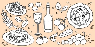 Elle çizilmiş İtalyan yemekleri - şarap şişesi ve bardak, dolu pizza, makarna ve lazanya tabaklar, domates ve zeytin, peynir ve salata. Pizzacı tasarımı için siyah ana hatlı gıda çizimleri.