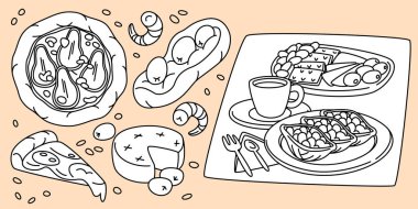 Elle çizilmiş İtalyan yemekleri, pizza ve bruschetta, tabakta kahve fincanı, peynir ve zeytin. Akdeniz restoran menüsü, kafe tasarımı veya gıda ambalajı için siyah taslak karalama yemekleri.