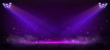 Mor sahne ödül töreni arka planında, sahne ışıkları aydınlatılıyor. Pırıl pırıl parlayan ışıkları, parıldayan yıldız parıltısı, pırıl pırıl parıldayan süslemeleri olan zarif, koyu renk menekşe arka planı..