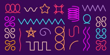 Koyu arkaplanda parlak neon renkleri olan yay bobini ve meta boyası şekilleri. Sarmal ve eğrilerin, kıvrımların, kıvrımların ve kıvrımların vektör düz çizim elemanları kümesi. Renkli grafik sembolleri koleksiyonu.