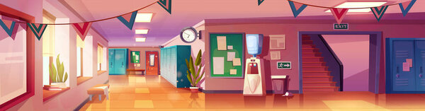 School hallway interior with furniture. Vector cartoon illustration of empty corridor with windows, student lockers, benches, information boards on wall, waste bin, modern education space on campus